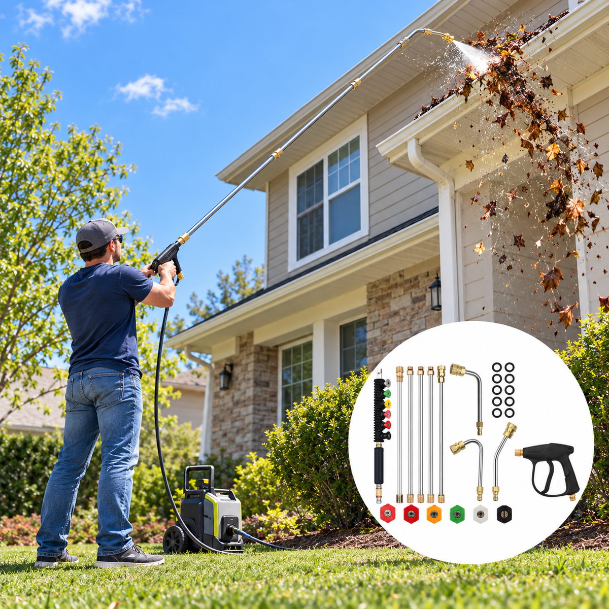 No-Ladder Gutter Cleaning Kit for Your Pressure Washer Adds 8 ft of stainless steel reach for single-story gutters. 3 Gutter Angles · 6 Spray Tips · Fits 1/4" Quick-Connect · Max 4000 PSI