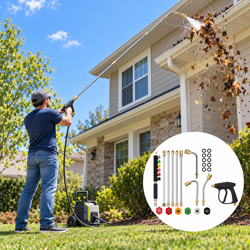 No-Ladder Gutter Cleaning Kit for Your Pressure Washer Adds 8 ft of stainless steel reach for single-story gutters. 3 Gutter Angles · 6 Spray Tips · Fits 1/4" Quick-Connect · Max 4000 PSI