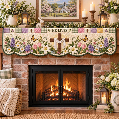 ⏳ Last Day 50% OFF – ✝️ Easter Faith Quilted Mantel Scarf | Patchwork Christian Fireplace Décor for Spring & Easter 🌷