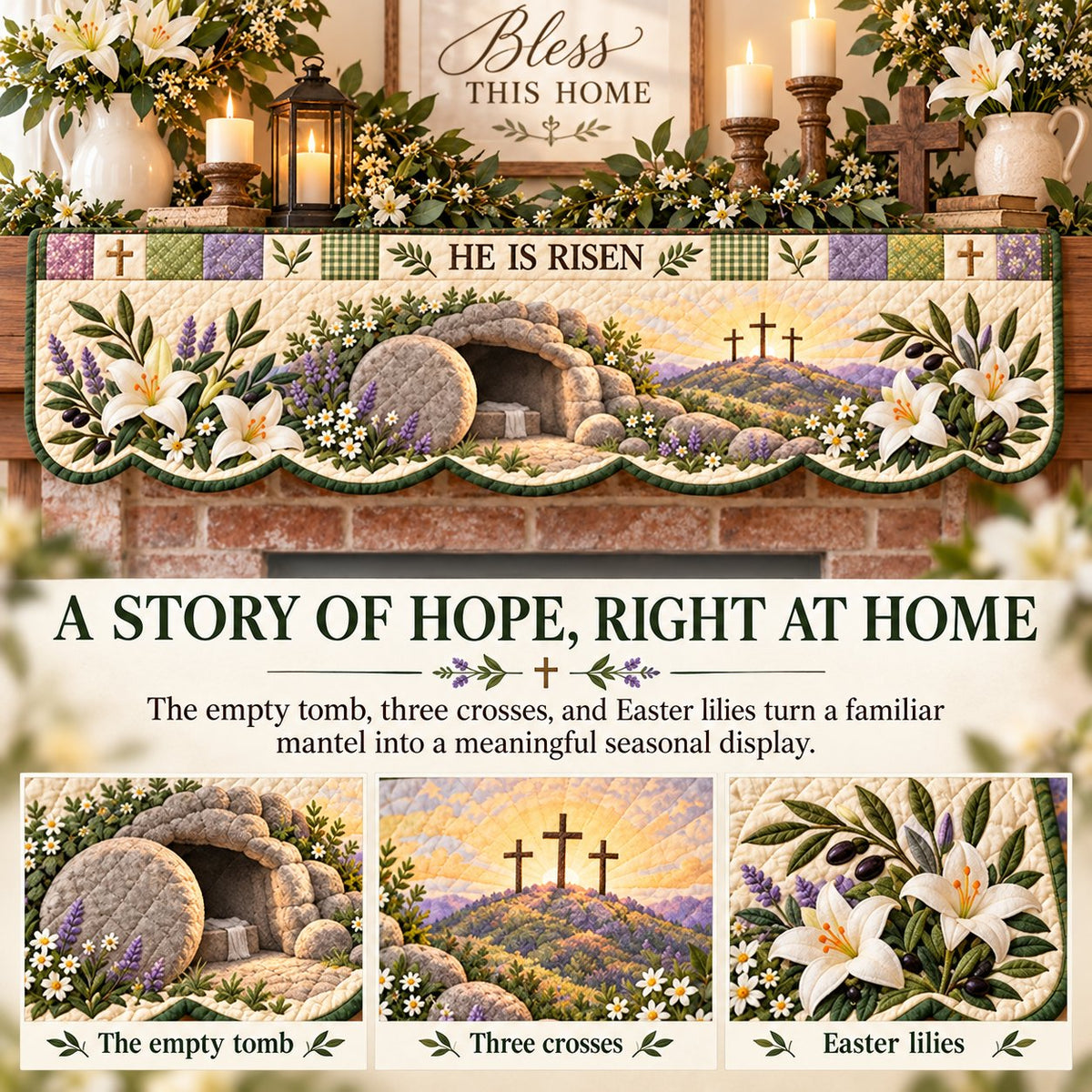 ⏳ Last Day 50% OFF – ✝️ Easter Faith Quilted Mantel Scarf | Patchwork Christian Fireplace Décor for Spring & Easter 🌷