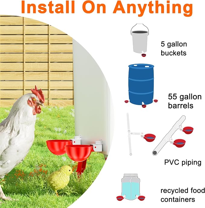 🐔 Automatic Chicken Waterer Cups 💧 Clean Water That Refills Itself – DIY Bucket Kit, Drill Bit Included