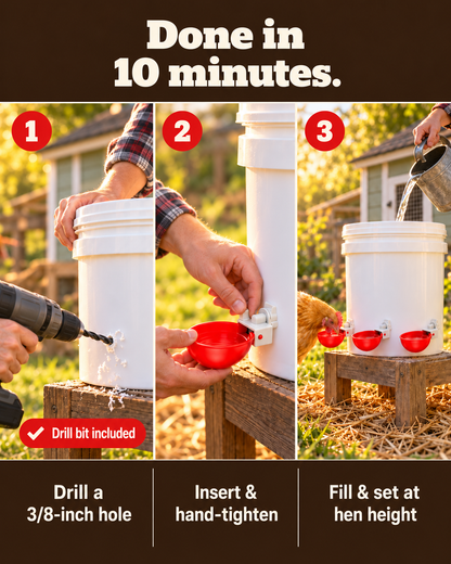 🐔 Automatic Chicken Waterer Cups 💧 Clean Water That Refills Itself – DIY Bucket Kit, Drill Bit Included