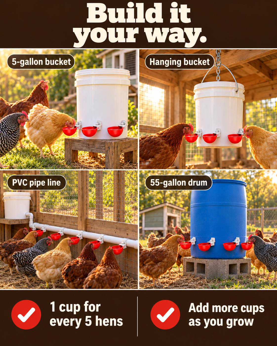 🐔 Automatic Chicken Waterer Cups 💧 Clean Water That Refills Itself – DIY Bucket Kit, Drill Bit Included