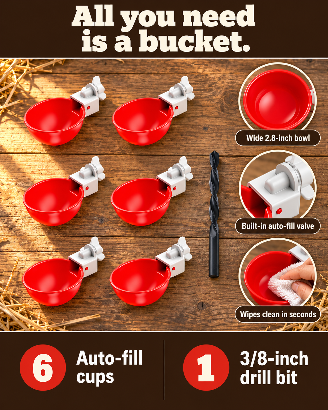 🐔 Automatic Chicken Waterer Cups 💧 Clean Water That Refills Itself – DIY Bucket Kit, Drill Bit Included